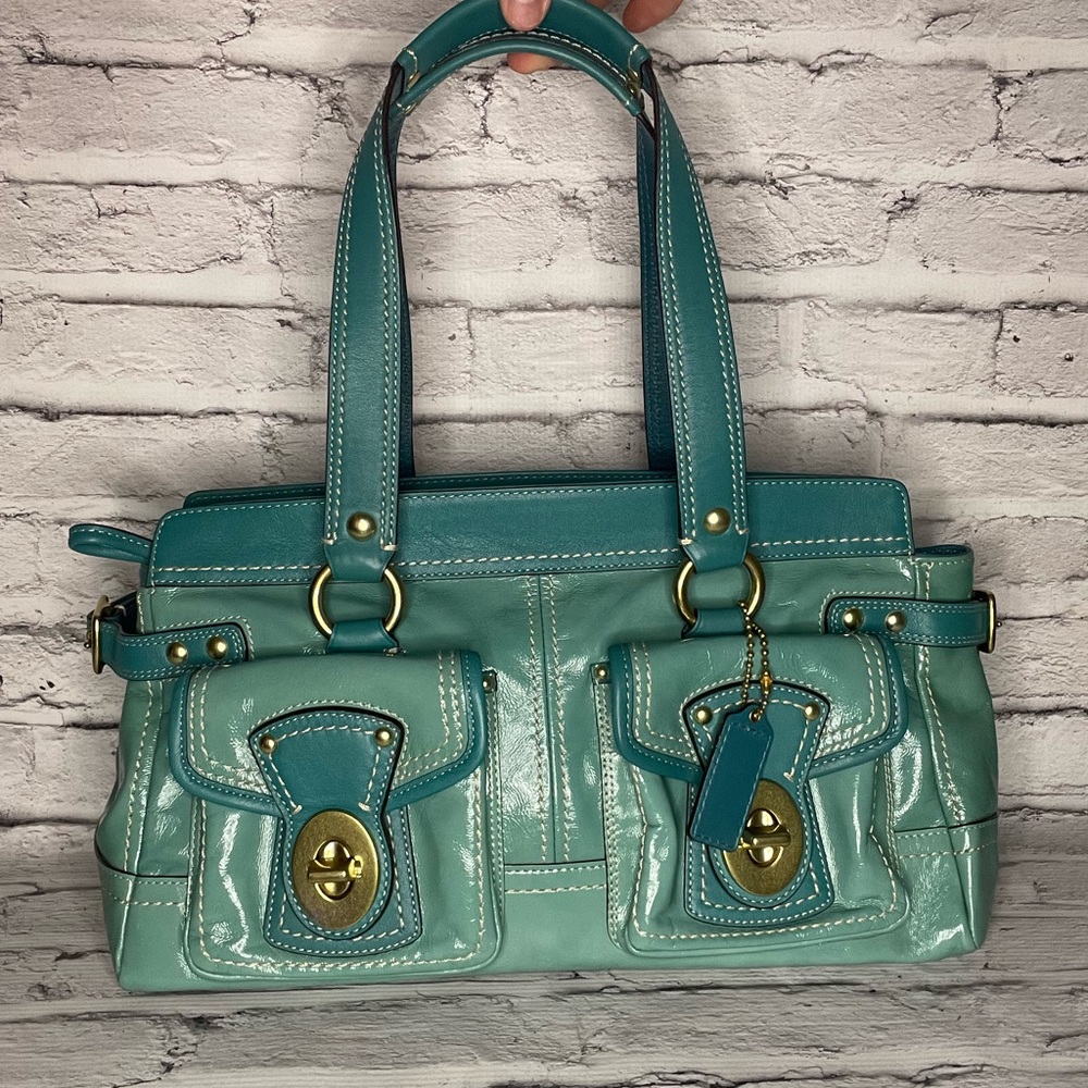 Vintage Coach Turquoise Blue Green Patent Leather 13517